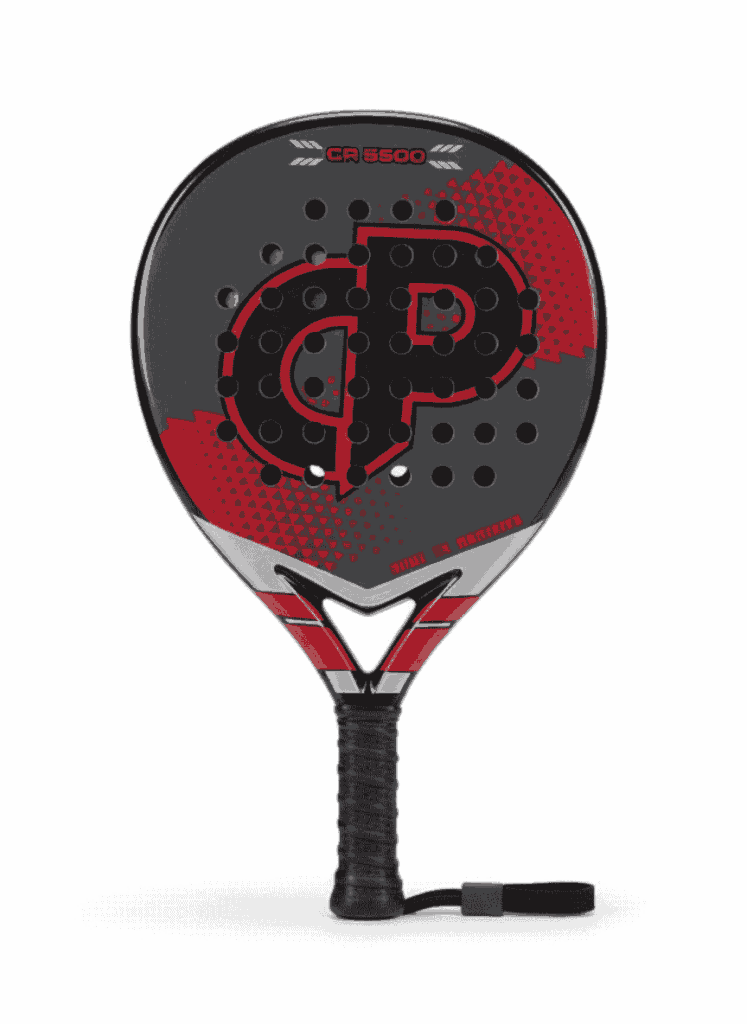 A dark grey and red padel racket with a black "CP" logo and a black grip.