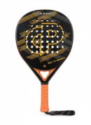 A black teardrop-shaped padel racket with a yellow "GP" logo and orange accents on the bridge and grip.