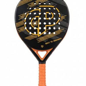 A black teardrop-shaped padel racket with a yellow "GP" logo and orange accents on the bridge and grip.