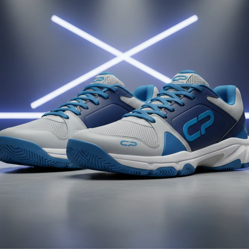 Pair of Carbopadel professional padel shoes in blue and grey with CP logo on a court.