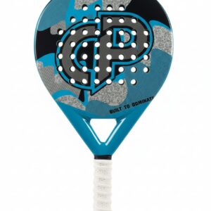 A teal and blue camouflage padel racket with a grey "GP" logo and a white grip.