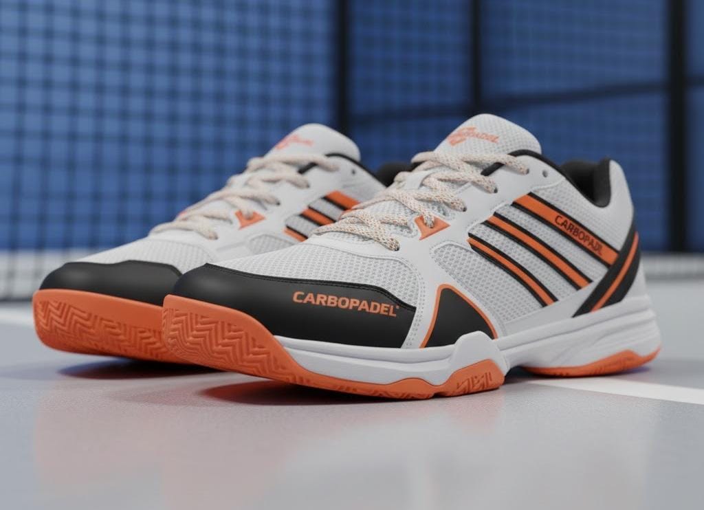 White CarboPadel sneakers with orange and black accents on a blue court.