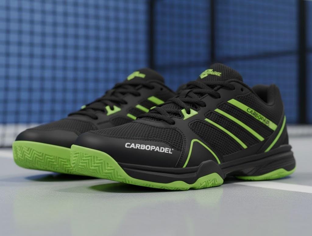 CarboPadel Kinetic Pro green shoes front view showing breathable mesh and laces