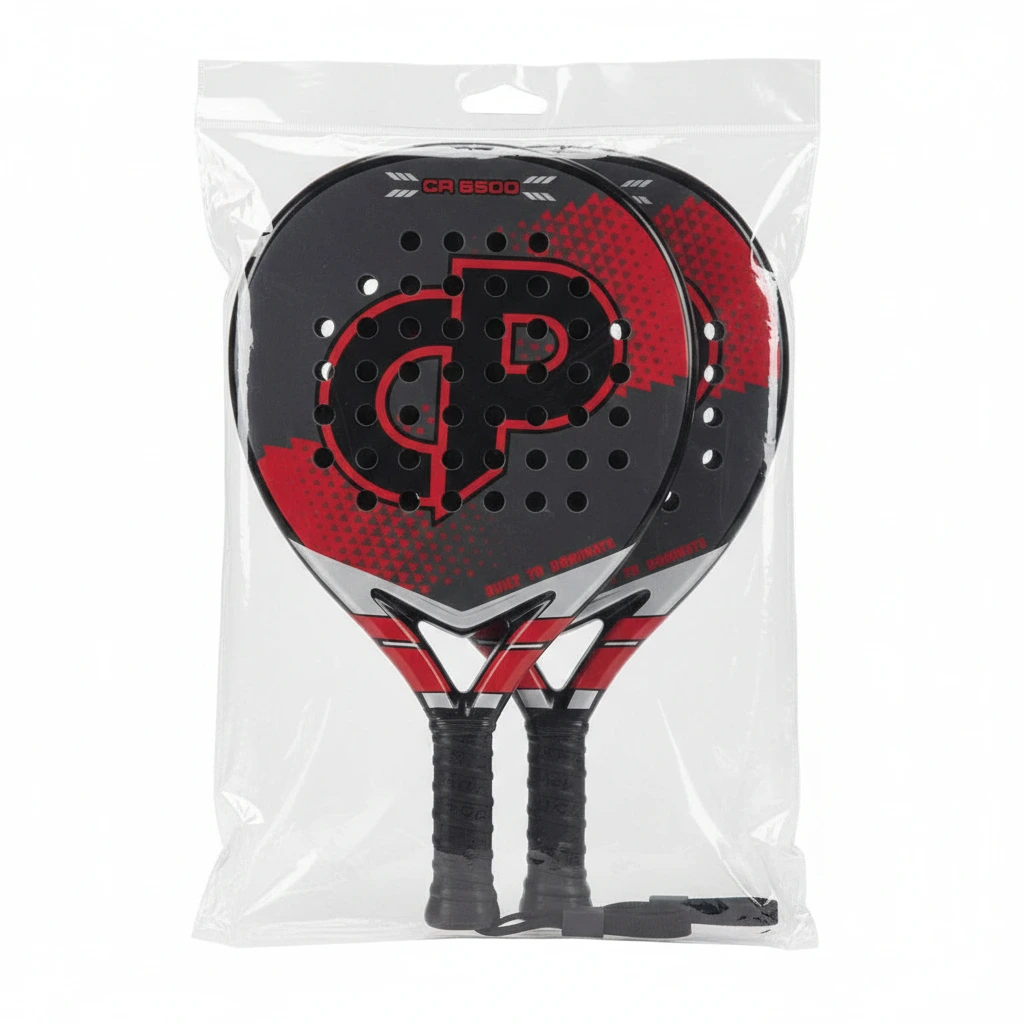 A pack of two Carbo Padel CR 5500 rackets featuring a black carbon face with red accents and black grips