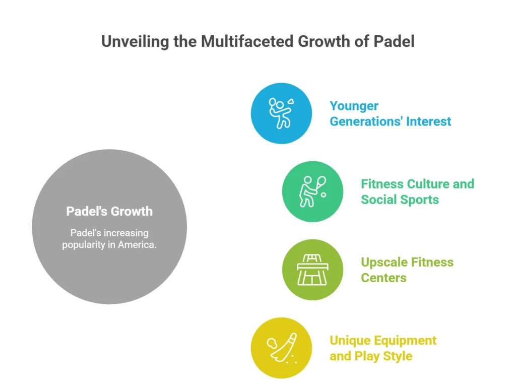 What is Padel Called in America? 2 Infographic titled "Unveiling the Multifaceted Growth of Padel" highlighting four key drivers: Younger Generations' Interest, Fitness Culture and Social Sports, Upscale Fitness Centers, and Unique Equipment and Play Style.