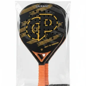 A retail-ready pack of two Carbo Padel CR 5300 rackets featuring a black carbon face with gold accents and orange grips