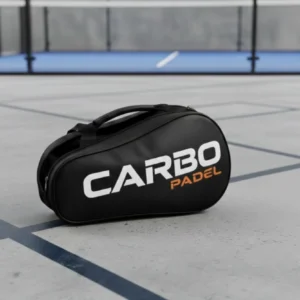 A premium black Carbo Padel racket bag with orange and white branding.