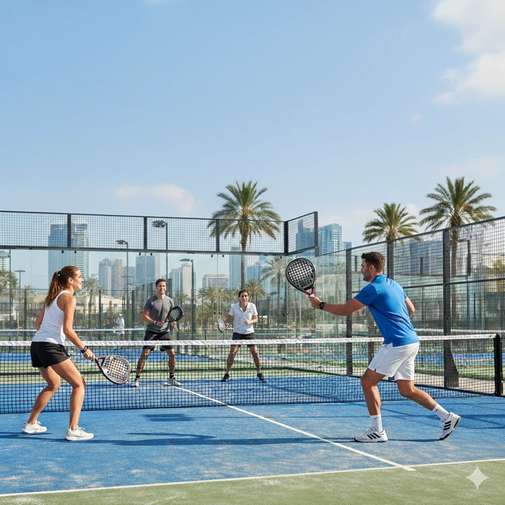 Four people playing a doubles padel match on a blue outdoor court