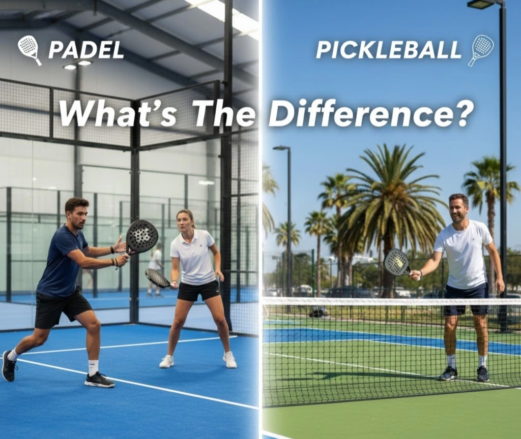 A split-screen comparison showing athletes playing padel on an enclosed blue court and pickleball on an outdoor green court