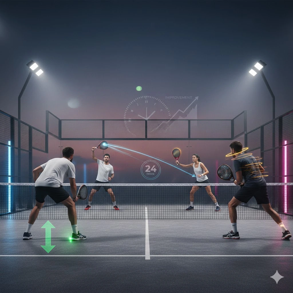 Four padel players on a court with digital overlays of a 24-hour clock and an improvement growth chart.