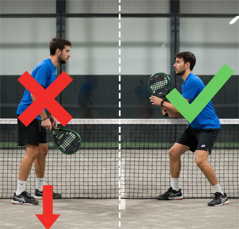 Side-by-side comparison of correct vs incorrect padel ready position stance.