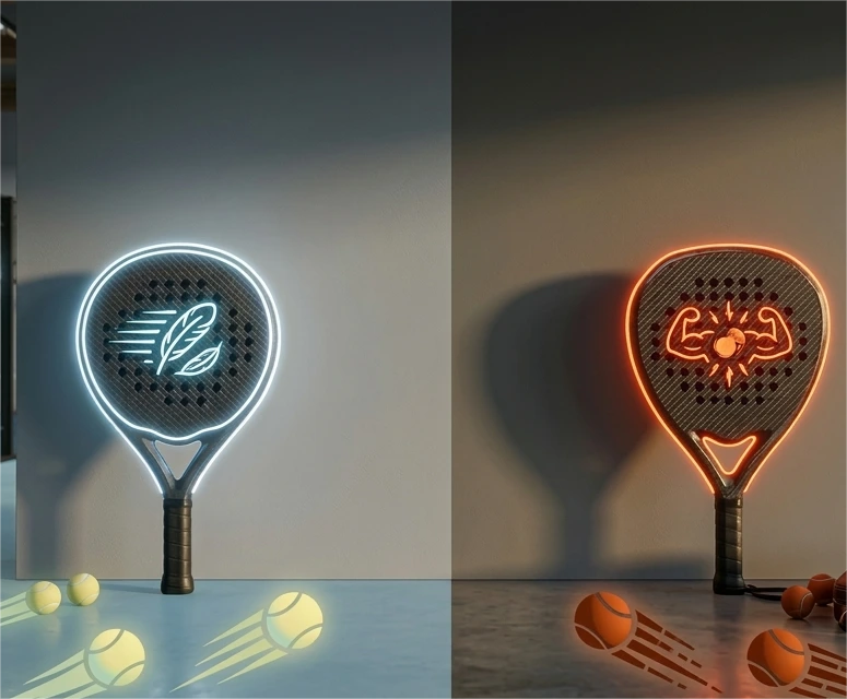 Side-by-side comparison of two padel rackets: one with a blue neon feather icon for speed and one with an orange neon muscle icon for power