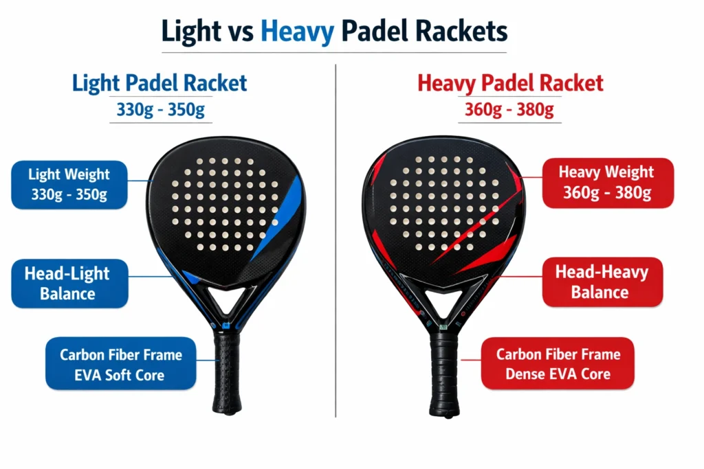 Infographic comparing a light padel racket (330g-350g, head-light) and a heavy padel racket (360g-380g, head-heavy) with carbon fiber frames.