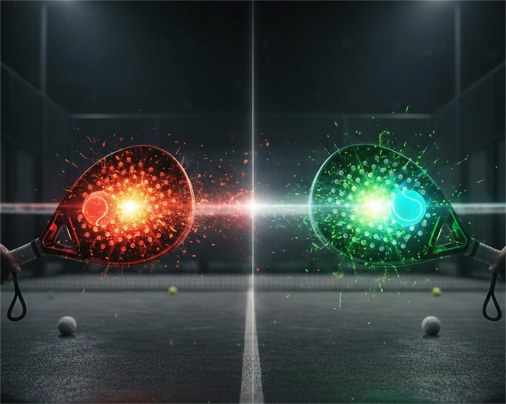 Two padel rackets at the net with red and green sparks representing a sweet spot