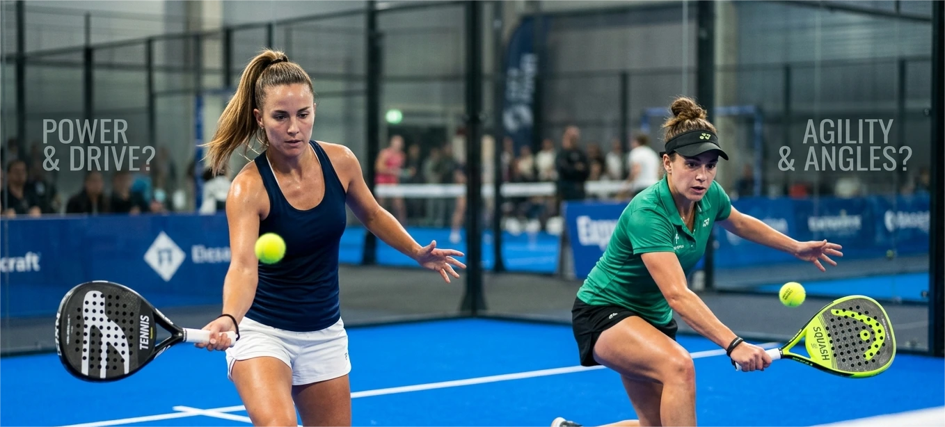 Two female padel players on a blue court, one hitting a high-power drive and the other playing a low angled shot.