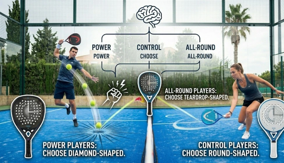 A technical infographic showing diamond-shaped rackets for power, round for control, and teardrop for all-round play.