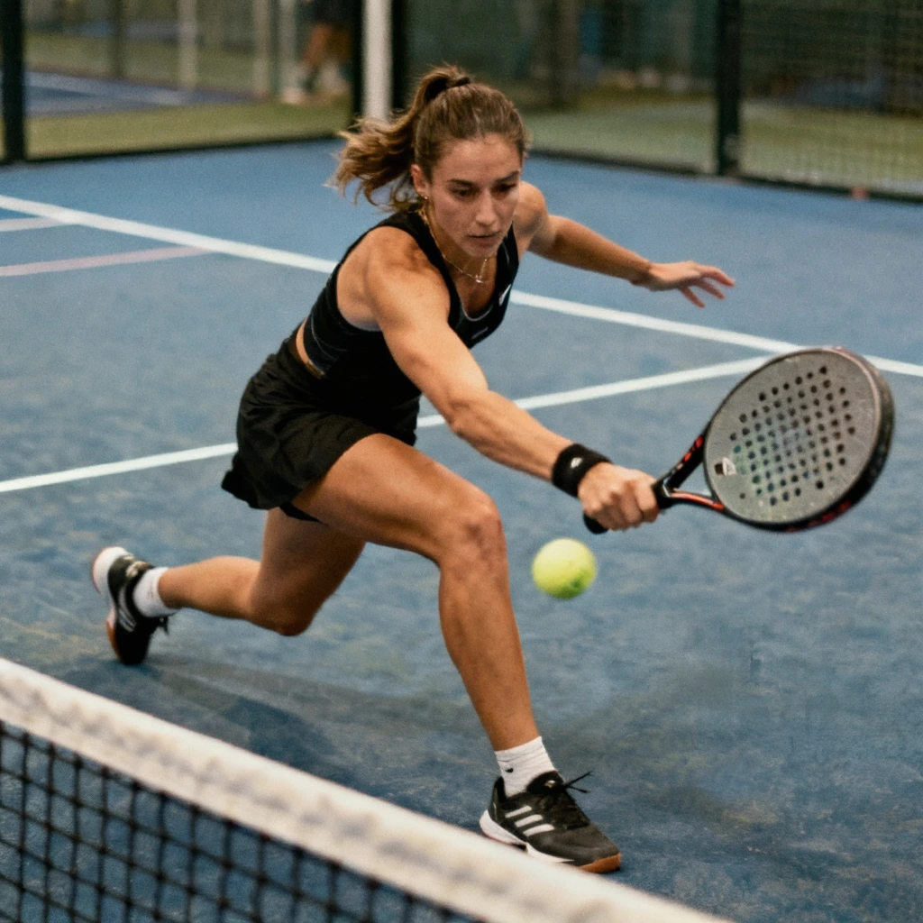 A focused female padel player in a black tank top lunging forward to return a low volley just above the net on a blue court.