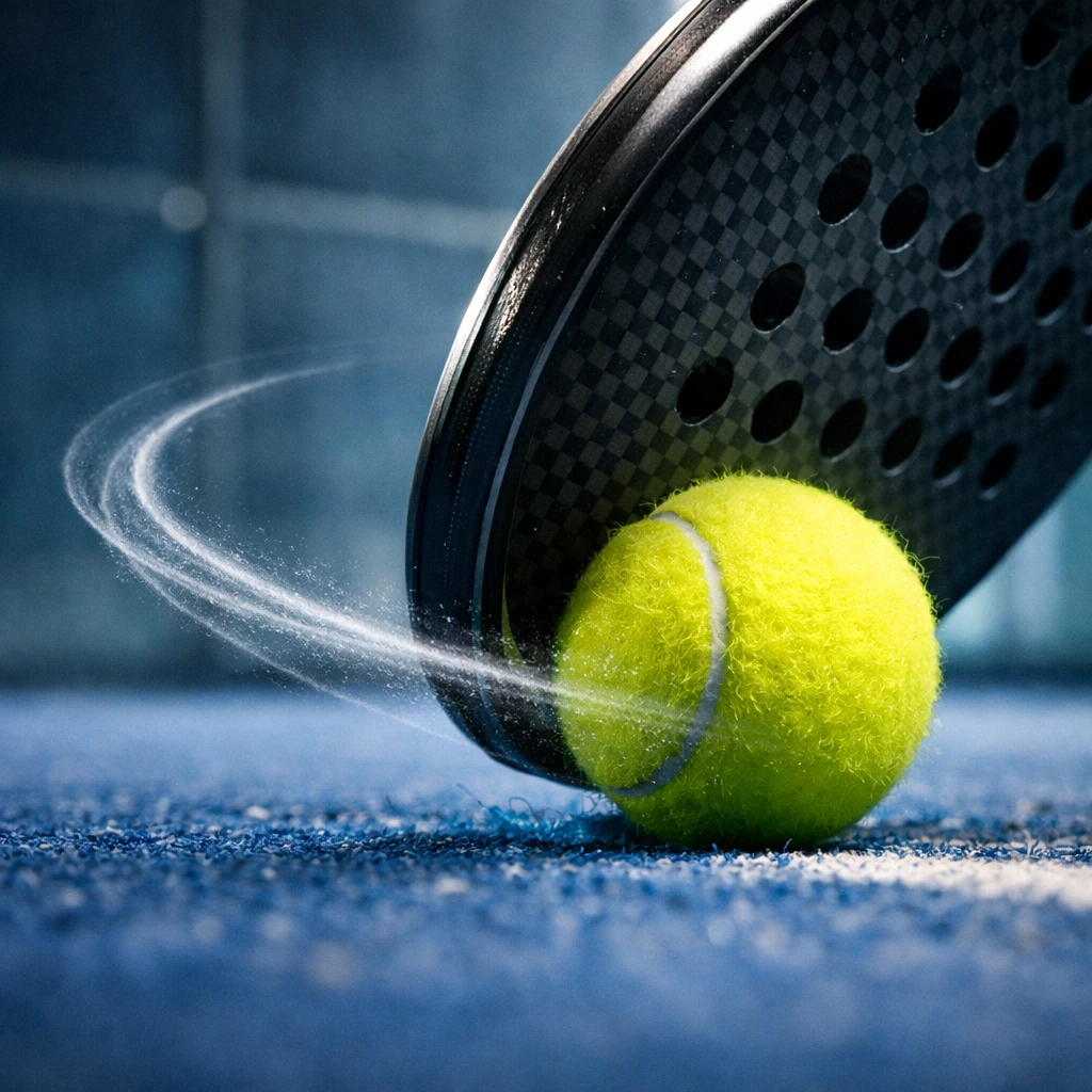 Extreme close-up of a yellow padel ball compressing against a black carbon fiber racket face, showing white motion trails to illustrate spin.