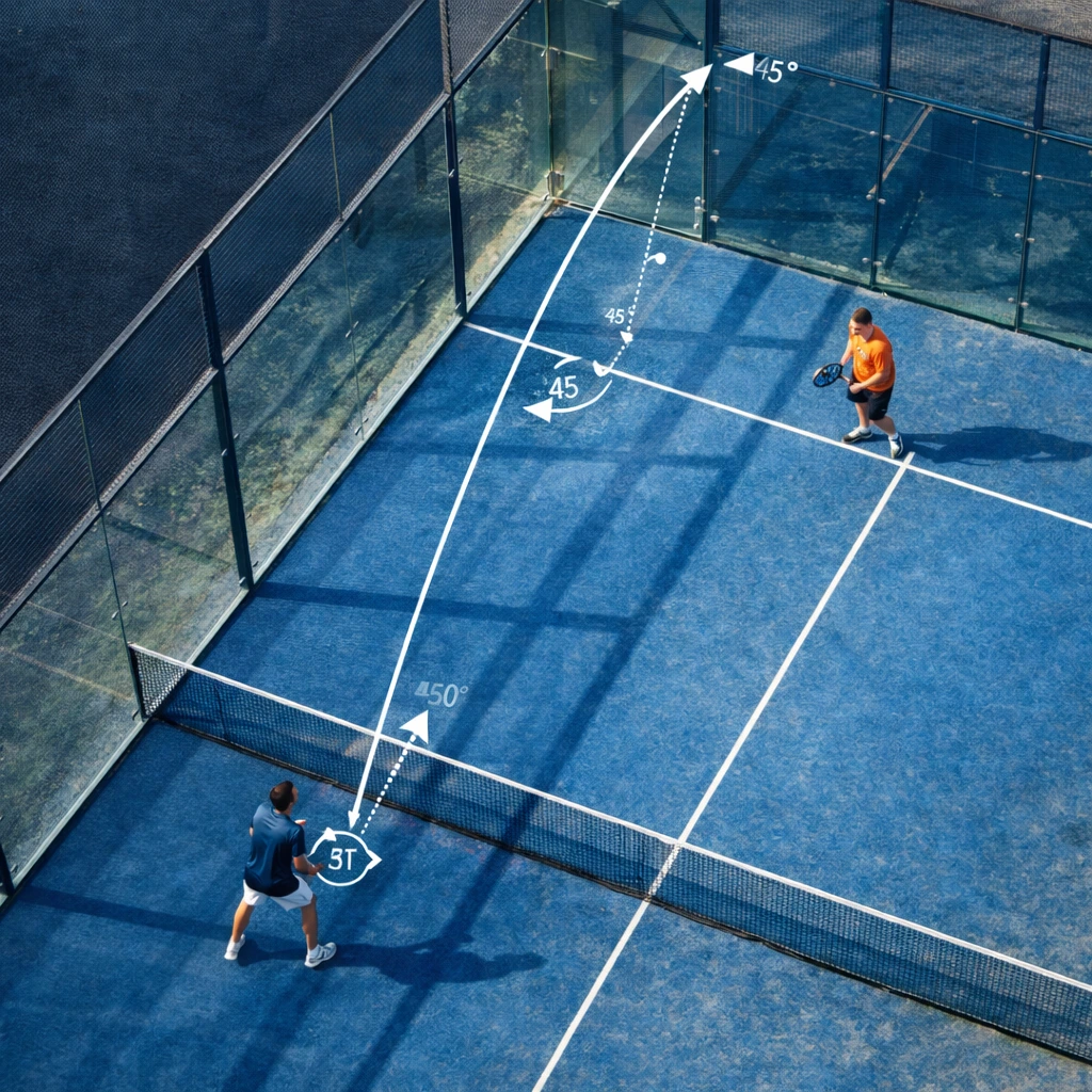 Top-down view of a blue padel court showing ball trajectory lines and 45-degree angle measurements for defensive lobs and cross-court shots.