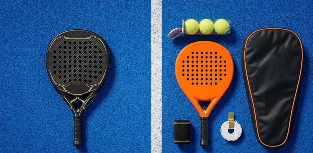 A side-by-side comparison of a single carbon fiber padel racket and a full starter kit including an orange racket, bag, and balls.